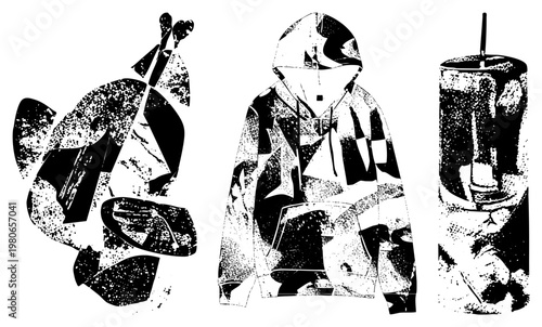 Stylized with fragmented halftone, abstract guitar silhouette, speckled soda cup with straw, vector art, fashion illustration.