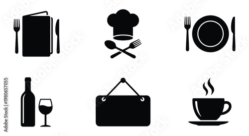 Restaurant icons set with 6 black silhouettes, minimalist dining and cafe symbols, kitchen chef hat and cutlery vector elements for menu design