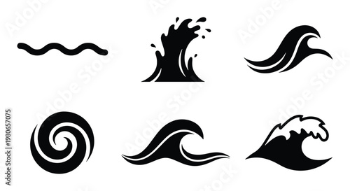 Minimalist ocean wave icons, black sea water silhouettes set of 6 vector elements, simple nautical surf and tide symbols for logo design