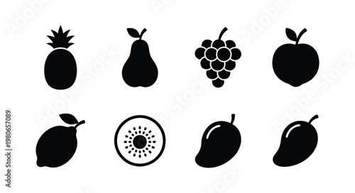 Minimalist fruit icon set, black silhouette fruit vector collection, 8 flat organic food symbols for grocery and menu design