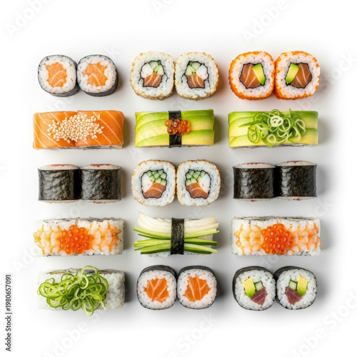 A variety of sushi and sashimi arranged on a white surface