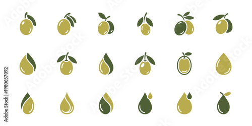Minimal olive oil logo set with various olive icon variations, modern and elegant style for healthy food business branding needs.