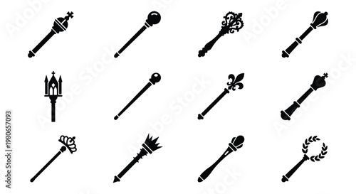 Royal scepter icon set, 12 black vector silhouettes of ceremonial maces and king wands, medieval monarchy regalia symbols for heraldry and gaming