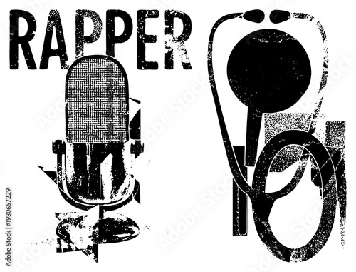 Grunge style rapper microphone with maze beside stethoscope, medical, urban health theme, black and white vector art, textured halftone aesthetic.