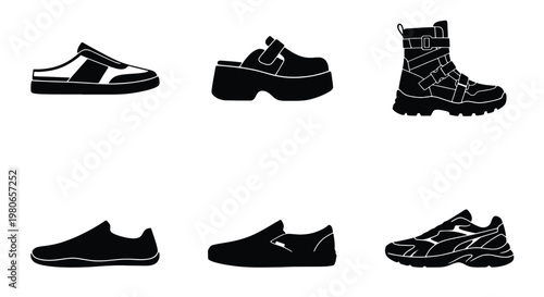 Black footwear silhouette icons set, 6 vector shoe elements including sneakers and boots, modern casual and athletic footwear collection for fashion design