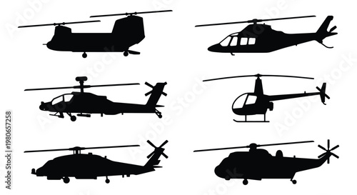 Military and civilian helicopter silhouettes, set of 6 aircraft vector icons, black chopper profiles for aviation and defense design