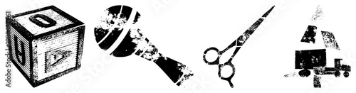 Retro children’s toys rendered in halftone, including wooden block, baby rattle, hairdresser scissors, and toy train, stylized vector graphics with distressed texture.