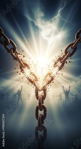 Conceptual illustration of breaking chains of oppression with glowing light.