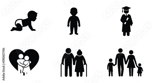Human life cycle icons set, black silhouette people symbols, aging process from baby to elderly, family and graduation vector elements