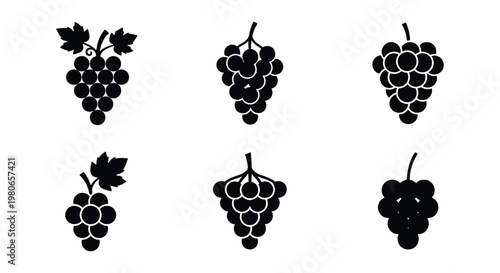 Minimalist grape icon set, black silhouette bunch of grapes with leaves, 6 vector fruit symbols for wine labels and organic food branding