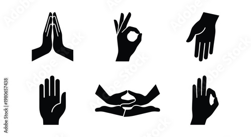 Black hand gestures and mudra icons set, 6 vector elements of yoga hand positions, spiritual meditation symbols and prayer signs for wellness design