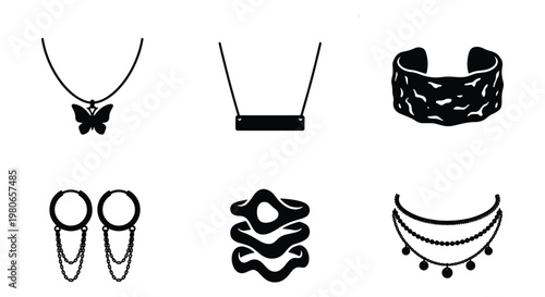 Minimalist jewelry icon set, black fashion accessories vector collection, butterfly necklace and earring symbols, luxury jewelry store branding elements