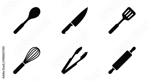 Minimalist kitchen utensils icon set, 6 black vector silhouettes of cooking tools, culinary equipment for restaurant menu and food blog design