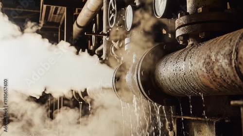 Industrial pipes in old factory warehouse