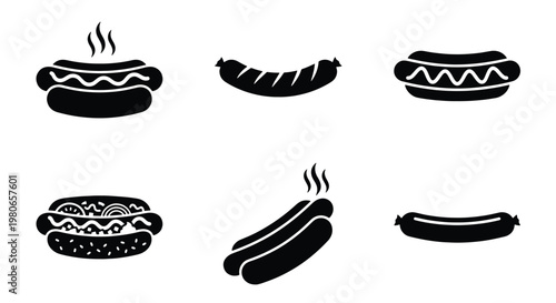 Minimalist hot dog icons set, black silhouette sausage and frankfurter vector elements, fast food snack collection for restaurant menus
