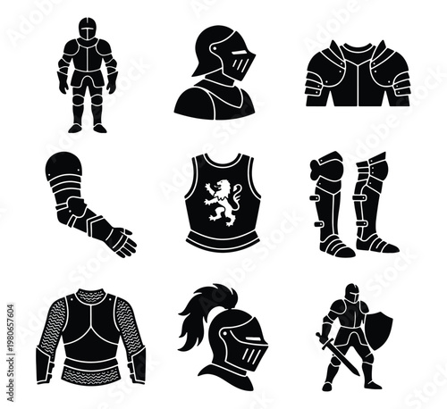 Obraz na płótnie Medieval knight armor icons set, black silhouette warrior equipment collection,