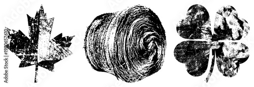 Black and white halftone graphic of maple leaf, hay bale, and four leaf clover. Grunge texture, rustic symbols, nature motifs, agricultural.