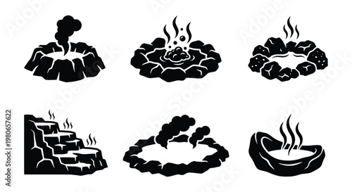 Minimalist hot spring icons set, black and white geyser and thermal pool vector illustrations, volcanic onsen and geothermal steam elements