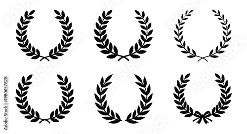 Laurel wreath vector set, black heraldic olive branch icons, 6 circular foliage frames for awards and achievement symbols