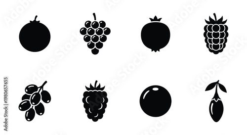 Minimalist berry fruit icon set, black silhouette berry collection including raspberry and grapes, 8 vector fruit elements for food packaging