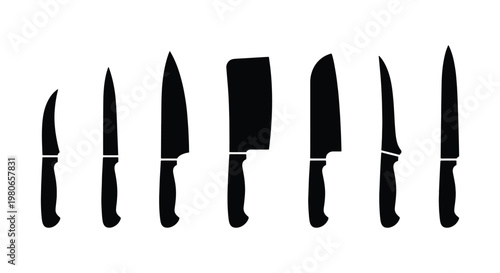 Professional kitchen knife silhouettes set, collection of 7 chef cutlery icons, black steel blade shapes for restaurant menu and cooking design