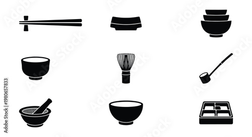 Japanese kitchenware icon set, 9 black vector elements of traditional tea ceremony tools and dining utensils, minimalist asian tableware graphics