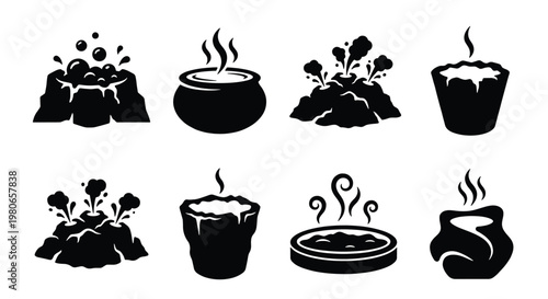 Geothermal hot springs and volcanic activity icons, 8 black vector elements of steaming geysers, boiling mud pots and thermal mineral pools