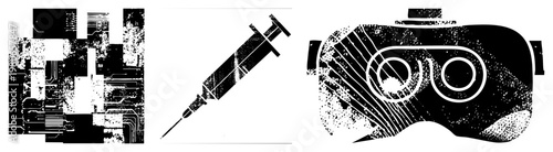 Grunge styled tech circuit board, medical syringe, VR headset. Retro digital elements, vector art, distressed texture,.