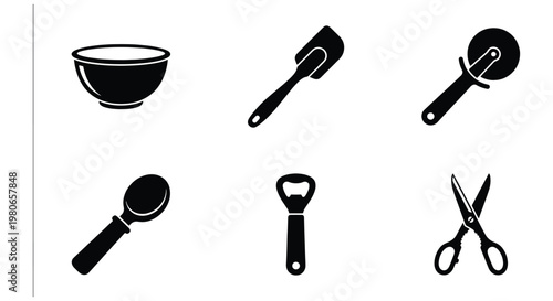 Kitchen utensils icon set, black silhouette cooking tools collection, 6 vector elements including bowl, spatula, pizza cutter, scoop, bottle opener and scissors