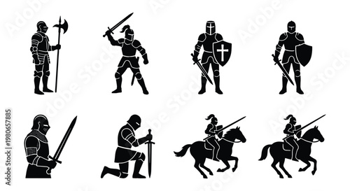 Medieval knight silhouette icons, 8 black warrior vector elements, ancient armored soldiers with swords and shields, cavalry on horseback set