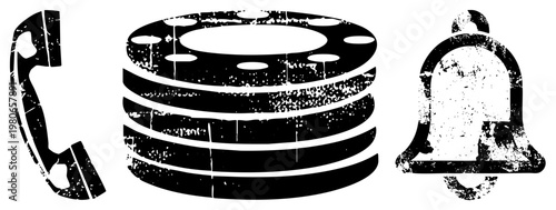 Retro communication symbols telephone receiver, stacked server disks, classic bell, distressed vector art, tech nostalgia.