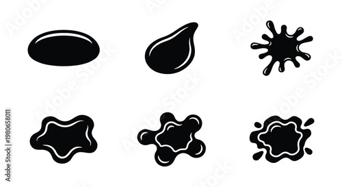Black liquid splash icons set, glossy oil drop and ink splatter vector elements, 6 organic fluid spill shapes for industrial and creative design