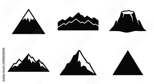 Minimalist mountain icons set, black silhouette mountain peaks and volcano vector elements, 6 geometric nature symbols for logo design