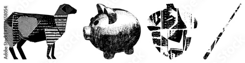 Black and white vector illustrations featuring a sheep, classic piggy bank, fragmented head, and stick figure, all rendered in halftone dot style with bold geometric shapes.