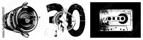 Retro camera lens with textured rings, analog watch embedded in “30” typography, cassette tape with grunge effects, all rendered in halftone vector style.