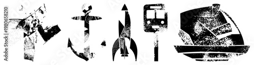 Stylized transport with halftone grain, black silhouette, distressed texture, isolated vector symbols, nautical and aerospace motifs, graphic design elements.