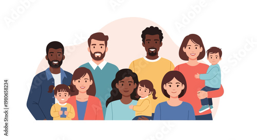 A diverse group of people, including adults and children of various ethnicities, smiling and posing together in a friendly, inclusive gathering.