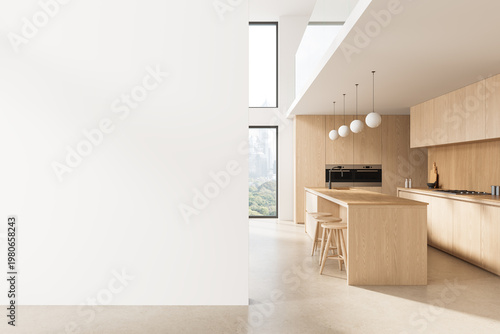 Minimalist modern kitchen interior with light wood cabinetry, long island, stools, pendant lights, tall windows and bright spacious architecture concept mockup. 3D Rendering