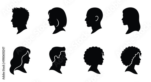 Human profile head silhouettes, set of 8 diverse male and female face icons, black side view portrait avatars for user interface design