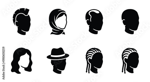 Diverse hairstyle icons set, black silhouette human head avatars, collection of 8 vector profile symbols with various hair types and headwear