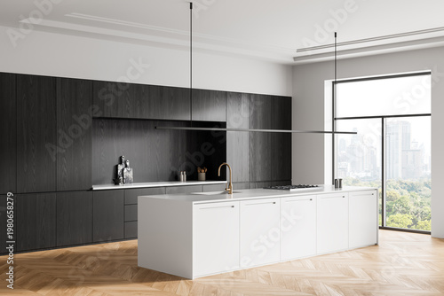 Photos Modern kitchen interior with minimalist white island and dark wood cabinetry in bright contemporary architecture space featuring panoramic city view