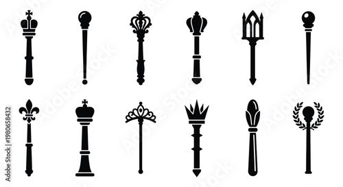 Royal scepter icon set, medieval king and queen ceremonial wands, 12 black silhouette scepters with crowns and fleur-de-lis, monarch authority symbols