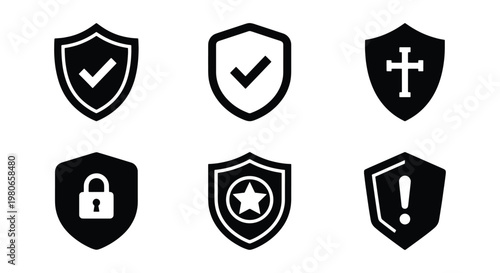 Security shield icons set, black flat protection symbols with checkmark and padlock, 6 vector elements for cyber safety and data privacy