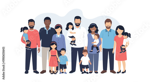 A diverse group of adults and children, representing a modern family structure, stand together in a stylized illustration.