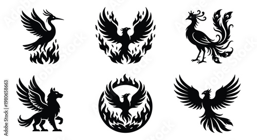 Mythical phoenix bird silhouettes set, 6 black fire bird vector icons, legendary creature emblems for tattoo and logo design, fantasy griffin and peacock