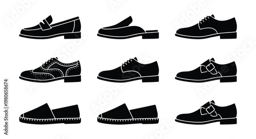 Classic men's formal shoes icon set, 9 black silhouette footwear vectors, elegant leather dress shoes including loafers, oxfords, and brogues