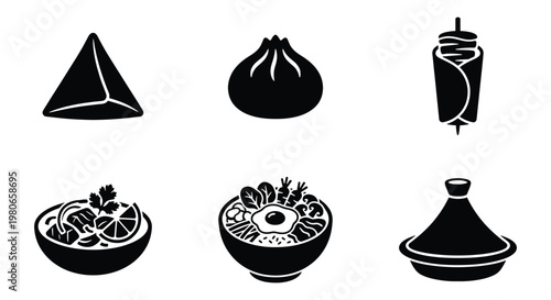 Global street food icon set, black silhouette ethnic cuisine symbols, 6 vector elements of samosa, dumpling, shawarma, ramen, and tajine