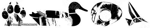 Graphic vector cutouts of paw, duck, skull, and bird, rendered in broken halftone, isolated on transparent background, stylized animal.
