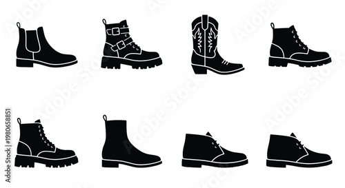 Black footwear icons set, collection of 8 boots vector illustrations, stylish autumn and winter shoes silhouettes for fashion design and retail