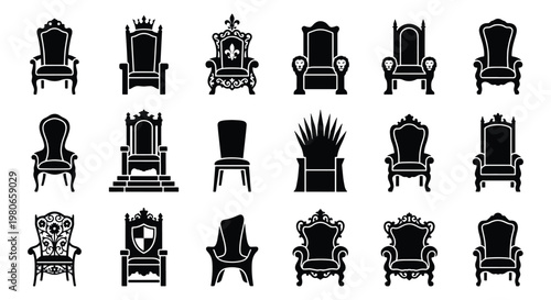 Royal throne icon set, 18 black silhouette king and queen chairs, medieval furniture vector collection for fantasy gaming and heraldry